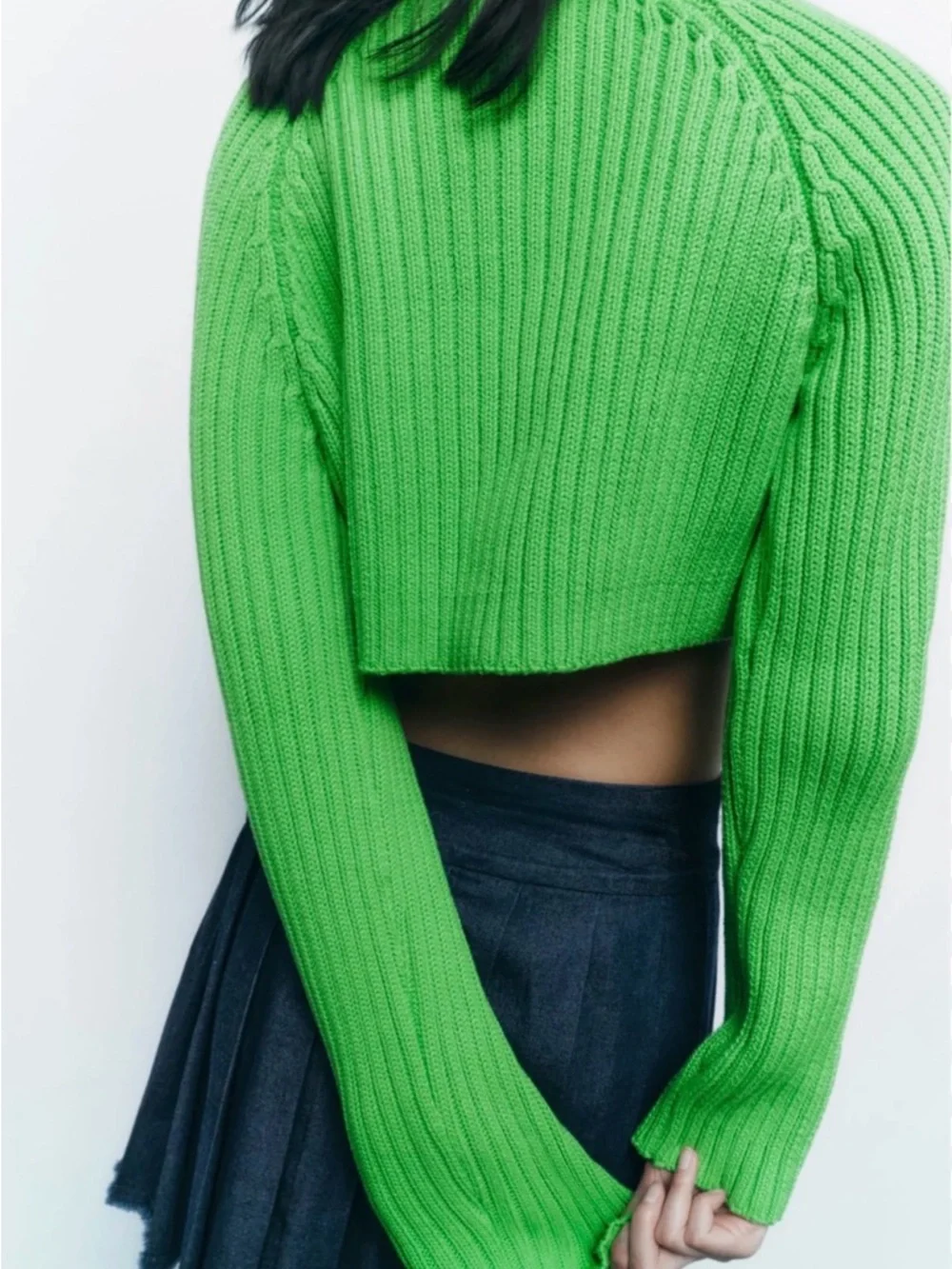 Zara Cropped Ribbed Crewneck Sweater Lime Green Size XS